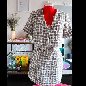 Mini Zara tweed cut-out plaid dress, S/M in white and beige/grey pattern.